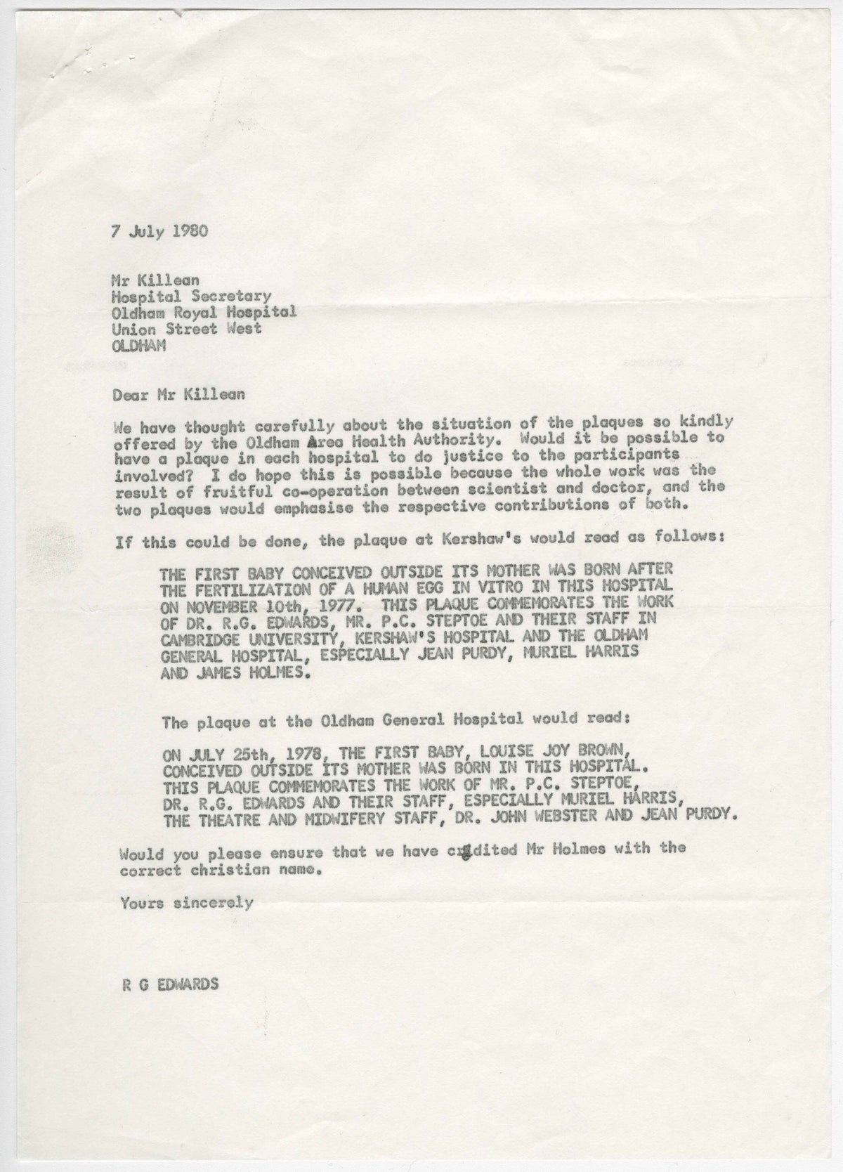7 July 1980: Edwards writes to Oldham asking for two plaques, so that Jean Purdy and the team could be named.