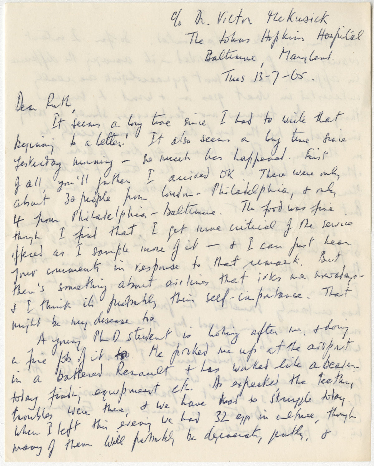 First page of Robert Edwards' letter to Ruth Fowler Edwards from Johns Hopkins Medical School, 13 July 1965.