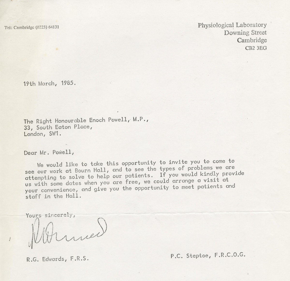 Enoch Powell to Robert Edwards, March 1985. Powell visited Bourn Hall on 3 April 1985, and the two corresponded about embryo research and the Bill.